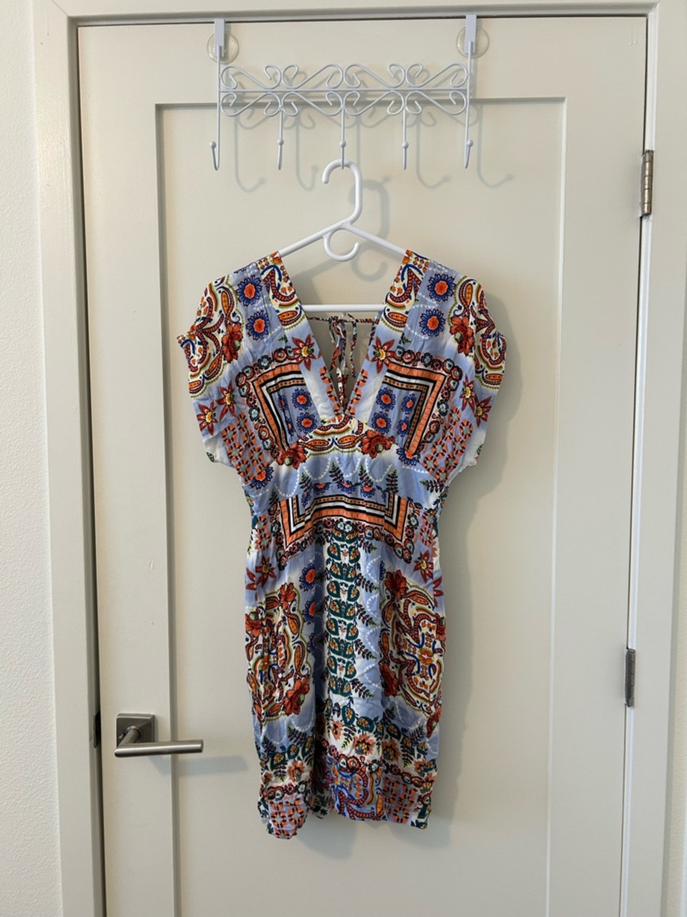 Light Blue Floral Mosaic V-Neck Women’s Dress